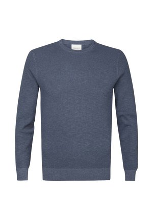 Navy blue knitted sweater with a round neckline and long sleeves. Features ribbed cuffs and hem; textured fabric adds depth.
