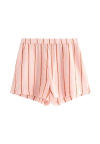 Ljusrosa shorts med vertikala orangea ränder, elastisk midja, mjukt tyg och sidokilar. Enkelt, avslappnat design som passar för varmt väder.