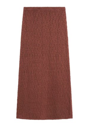 Knælang, lige nederdel i tykt strikket stof, brun farve, med diskret lodret teksturmønster.