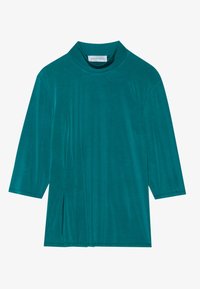 Teal, tettsittende topp med høy krage, trekvart ermer og sideplisseringer. Laget av mykt, glatt stoff med en subtil glans.