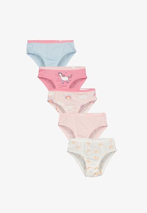 Fünf Paar Baumwollunterhosen in Hellblau, Rosa und Weiß. Mit Einhorn- und Regenbogenmotiven, elastischen Taillenbündchen und weichem Material.