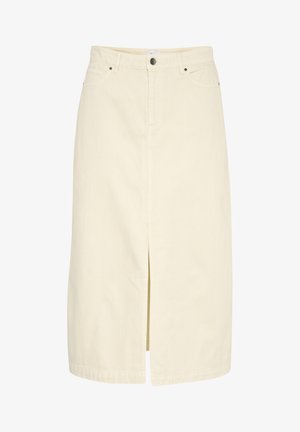 Beige farmer midi szoknya elülső hasítékkal, övhurkokkal és klasszikus öt zsebbel. Gombos és cipzáros záródással rendelkezik. Sima textúrával.