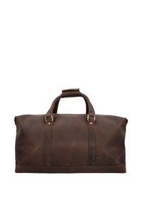 Brown leather duffel bag with two sturdy handles and brass hardware. Features a smooth texture and subtle seams on the sides.
