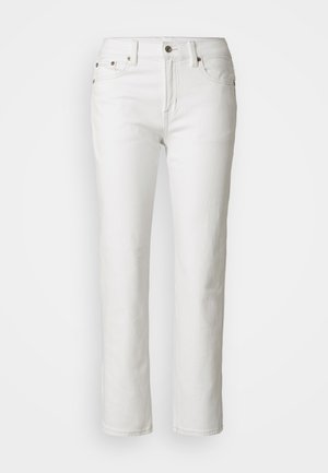 Biele riflové džínsy so straight strihom, dizajnom s piatimi vreckami, kovovou gombíkov a nitmi, a hladkou textúrou. Minimalistické detaily prešívania.