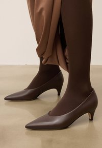 Hnedé kožené lodičky s špicatou špičkou a nízkym kužeľovým podpätkom. Mäkka, hladká textura s minimalistickým dizajnom, ktorý dopĺňa hnedé pančuchy.