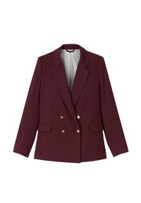 Blazer croisé bordeaux en tissu structuré, avec des boutons dorés, des revers crantés et deux poches avant. Intérieur doublé.