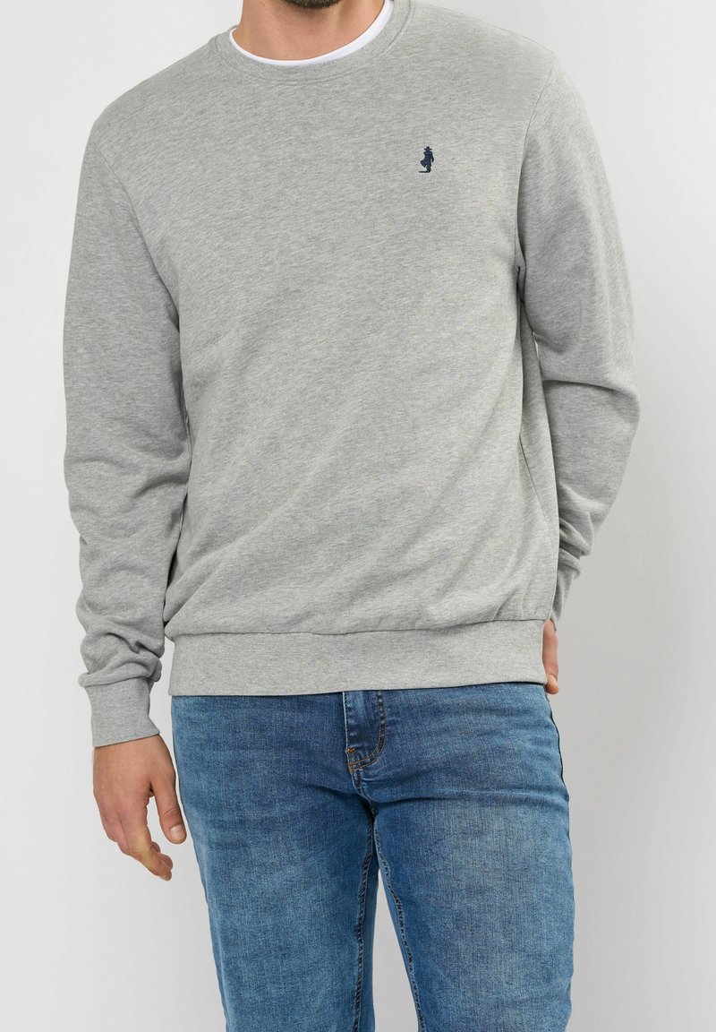 Grijze sweatshirt van een katoenmix, met een ronde halslijn, lange mouwen, rib gebreide manchetten en een klein donkerblauw logo op de borst.