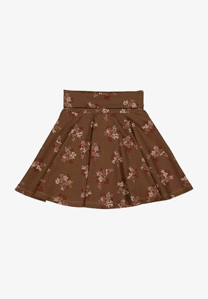 Bruine uitlopende rok van zachte stof, met een bloemmotief in rood, roze en wit. Inclusief een brede tailleband en geplooid ontwerp.