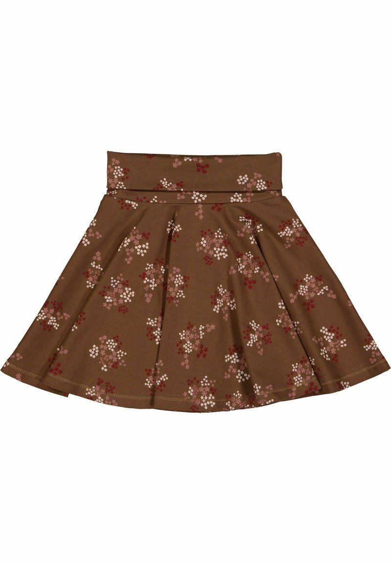 Hnědá rozšířená sukně vyrobená z měkké látky, s květinovým vzorem v červené, růžové a bílé barvě. Obsahuje široký pas a sklady.