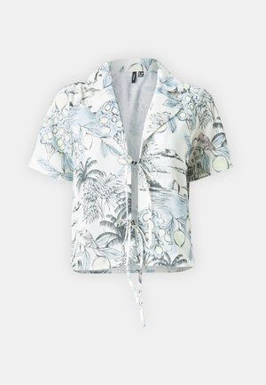 Lühikeste varrukatega lühike särk lille- ja botaanilise printimusega. Sellel on krae ja esiamise sõlme sulgemine. Materjal tundub kerge ja hingav.