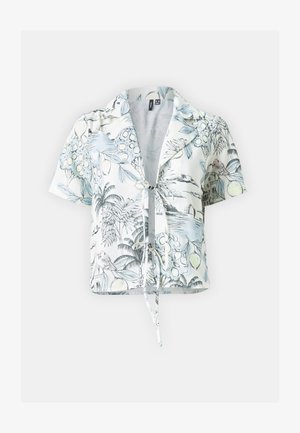 Lühikeste varrukatega lühike särk lille- ja botaanilise printimusega. Sellel on krae ja esiamise sõlme sulgemine. Materjal tundub kerge ja hingav.