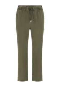 Olivgrüne, leichte Hose mit elastischem Bund und verstellbarem Kordelzug. Gerade geschnittene Beine mit genähten Säumen und ohne sichtbare Taschen.