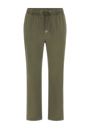 Olíva zöld, könnyű nadrág elasztikus derékrésszel és állítható húzózsinórral. Egyenes szabású szárak varrott szegéllyel, látható zsebek nélkül.