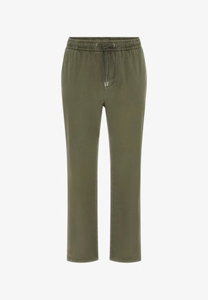 Oliwkowo zielone, lekkie spodnie z elastycznym pasem i regulowanym sznurkiem. Proste nogawki z przeszytymi brzegami i bez widocznych kieszeni.