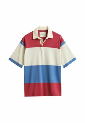 Kurzärmeliges Poloshirt mit horizontalen roten, weißen und blauen Streifen, einem beigen Kragen, einer vorderen Knopfleiste und einem GANT-Label.