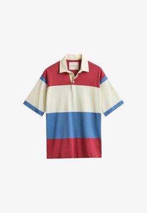 Kurzärmeliges Poloshirt mit horizontalen roten, weißen und blauen Streifen, einem beigen Kragen, einer vorderen Knopfleiste und einem GANT-Label.