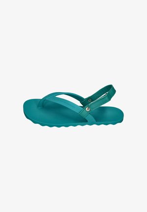 Türkisblauer Herrensandal mit einem Riemen hinten und einer Zehenschlaufe, gesichert durch einen Metall-Druckknopf, mit einer profilierten Sohle für guten Grip.