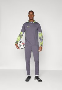 Gray athletic tracksuit with long-sleeve patterned sleeves in green and blue. Model holding a soccer ball, wearing black sports shoes.