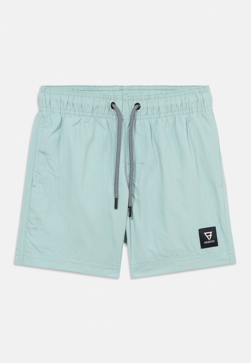 Ανοιχτό μπλε ανδρικό μαγιό με ελαστική μέση, μαύρο και άσπρο κορδόνι, πλαϊνές τσέπες και μαύρο λογότυπο μάρκας στο αριστερό πόδι.