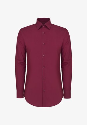 Burgundowa koszula z długim rękawem, z klasycznym kołnierzykiem, gładkiego bawełnianego materiału, z zapięciem na guziki, dopasowany krój i mankiety na guziki.