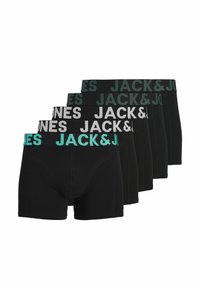 Cinco pares de bóxers negros con diferentes colores de cintura: gris, verde y verde azulado, con el logo "JACK&JONES" en letras destacadas.