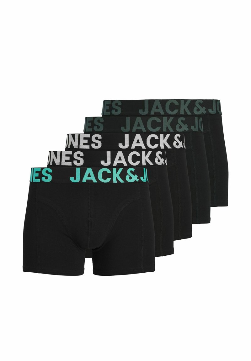 Cinco pares de bóxers negros con diferentes colores de cintura: gris, verde y verde azulado, con el logo "JACK&JONES" en letras destacadas.