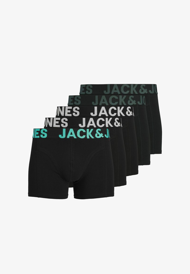 Cinq paires de boxers noirs avec différentes couleurs de ceinture : gris, vert et sarcelle, arborant le logo "JACK&JONES" en lettres majuscules.