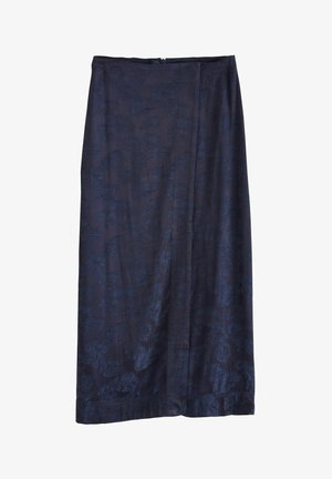 Tumesinine seelik, millel on tekstuuriga lehemuster, valmistatud kergest kangast, külgzipiga ja sirge siluetiga.