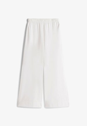 Pantaloni bianchi a gamba larga con vita elasticizzata. Tessuto liscio, lunghezza alla caviglia e senza motivi o adornamenti visibili.