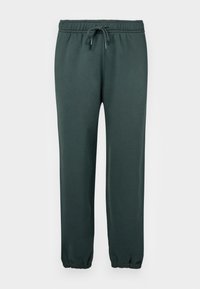 Dark green sweatpants made of soft fabric, featuring an elastic waistband with a drawstring and elastic cuffs at the ankles.