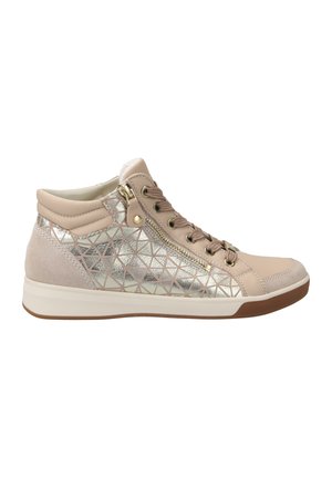 Beige high-top sneaker with metallic geometric patterns, suede accents, lace-up front, side zipper, and rubber sole.