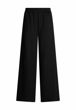 Pantaloni neri a gamba larga con vita elastica. Realizzati in un tessuto morbido e liscio, presentano un design dritto e fluido senza chiusure visibili.