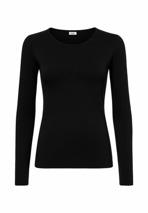 Top lungo nero a maniche nere realizzato in tessuto morbido ed elastico. Presenta un collo rotondo e una vestibilità aderente, adatto per essere indossato a strati o per l'abbigliamento casual.