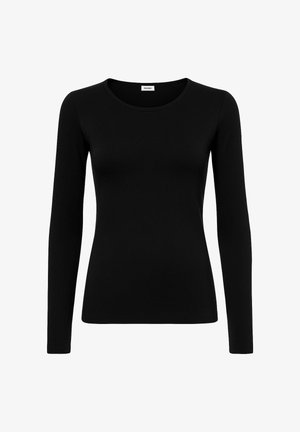 Top lungo nero a maniche nere realizzato in tessuto morbido ed elastico. Presenta un collo rotondo e una vestibilità aderente, adatto per essere indossato a strati o per l'abbigliamento casual.