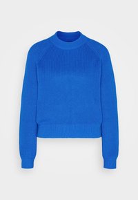 Pull bleu en maille avec un col rond, un ourlet et des poignets côtelés. Présente un tissu texturé et respirant avec des manches raglan.