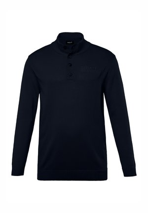 Maglione da uomo blu navy con colletto alto, quattro bottoni, texture a coste e polsini e orlo a coste. Dettaglio del logo in rilievo sottile.