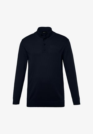 Suéter de punto en azul marino para hombre con un cuello alto, cuatro botones, textura acanalada y puños y dobladillo acanalados. Detalle de logo sutilmente grabado.