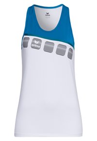 Canotta atletica bianca senza maniche con scollo blu, caratterizzata da una striscia verde orizzontale e accenti neri a motivo. Realizzata in tessuto morbido.