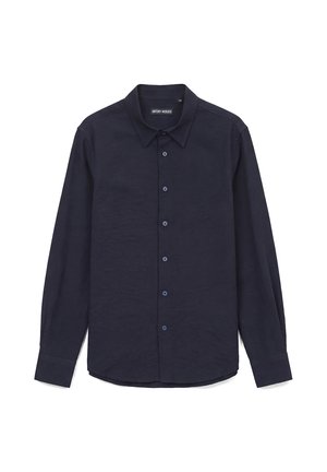 Heren donkerblauw overhemd met lange mouwen, met spitse kraag en zichtbare knopen aan de voorkant.