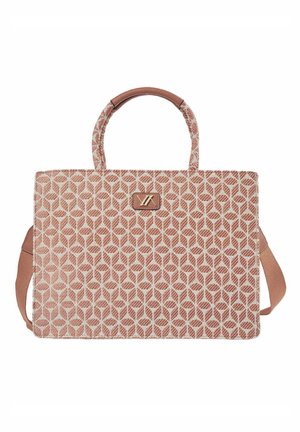 Bolso tote rectangular con patrón geométrico en rosa y beige, dos asas con detalles en cuero rosa y una correa de hombro desmontable.