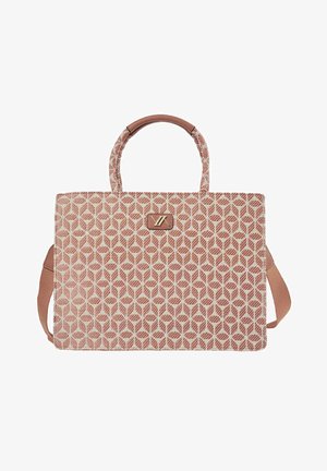 Rectangular tote bag with pink and beige geometric pattern, two handles with pink leather accents, and a detachable shoulder strap.