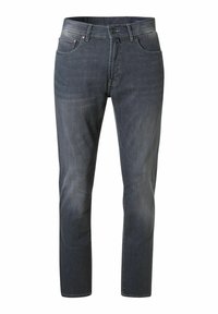 Donkergrijze denim jeans met een klassiek ontwerp, vijf zakken, ritsvliegtuig en subtiele vervaging aan de voorkant. Lichte stiknaadaccenten zichtbaar.