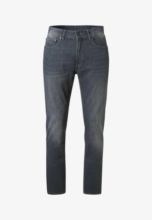 Jeans en denim gris foncé avec un design classique, cinq poches, fermeture éclair et une légère décoloration à l'avant. Coutures claires visibles.