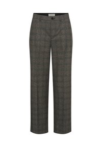 Pantalon à jambes droites gris à carreaux avec bouton sur le devant et passants de ceinture, conçu pour une coupe ajustée.