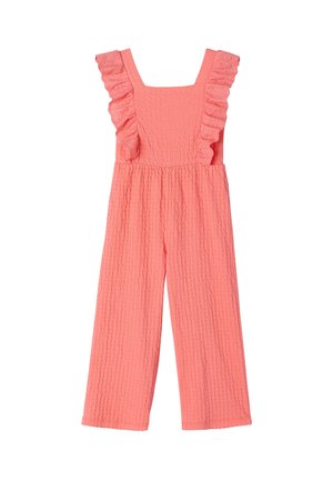 Coral pink textured jumpsuit with wide legs, square neckline, and ruffled shoulder straps featuring eyelet lace detailing.
