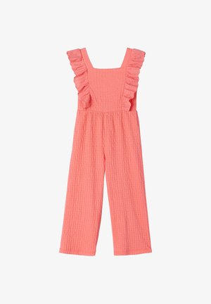 Coral pink textured jumpsuit with wide legs, square neckline, and ruffled shoulder straps featuring eyelet lace detailing.
