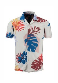 Korte mouw shirt van lichtgewicht stof met een levendig bloemenpatroon in rood, blauw en geel op een witte achtergrond. Voorzijde met knoopsluiting.