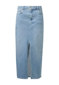 Lichtblauwe denim rok met een rechte snit, een split aan de voorkant en vijf zakken. Kenmerkt zich door gestikte details langs de naden en de taillebandknop.