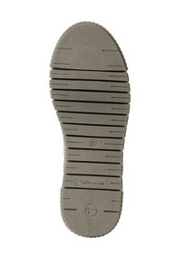 Semelle de chaussure en caoutchouc gris avec des rainures horizontales et verticales, marquée "37" et avec le logo "Tamaris". Présente un talon arrondi et un motif texturé.