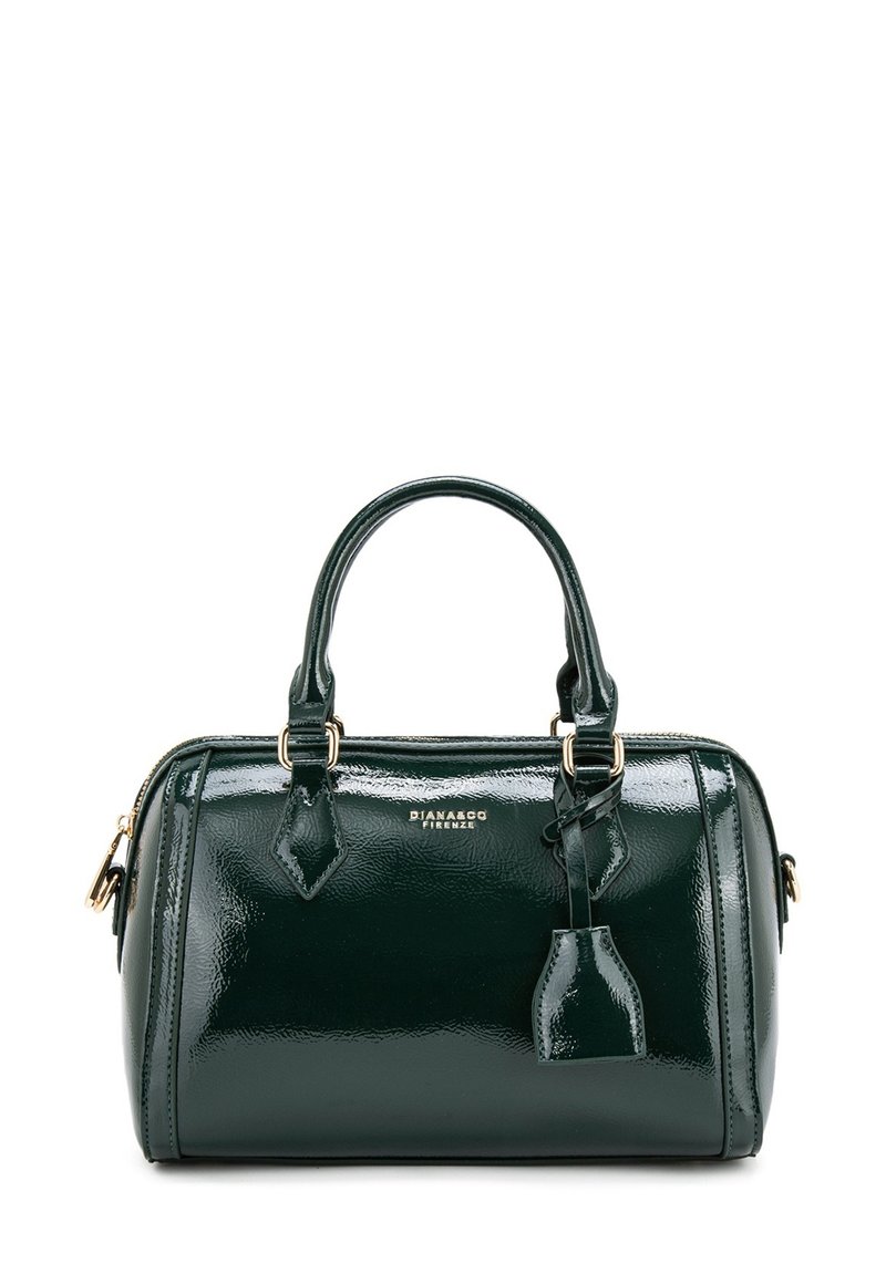 Sac à main en cuir verni vert foncé avec une forme structurée, des poignées doubles, quincaillerie dorée et une étiquette d'accent détachable.